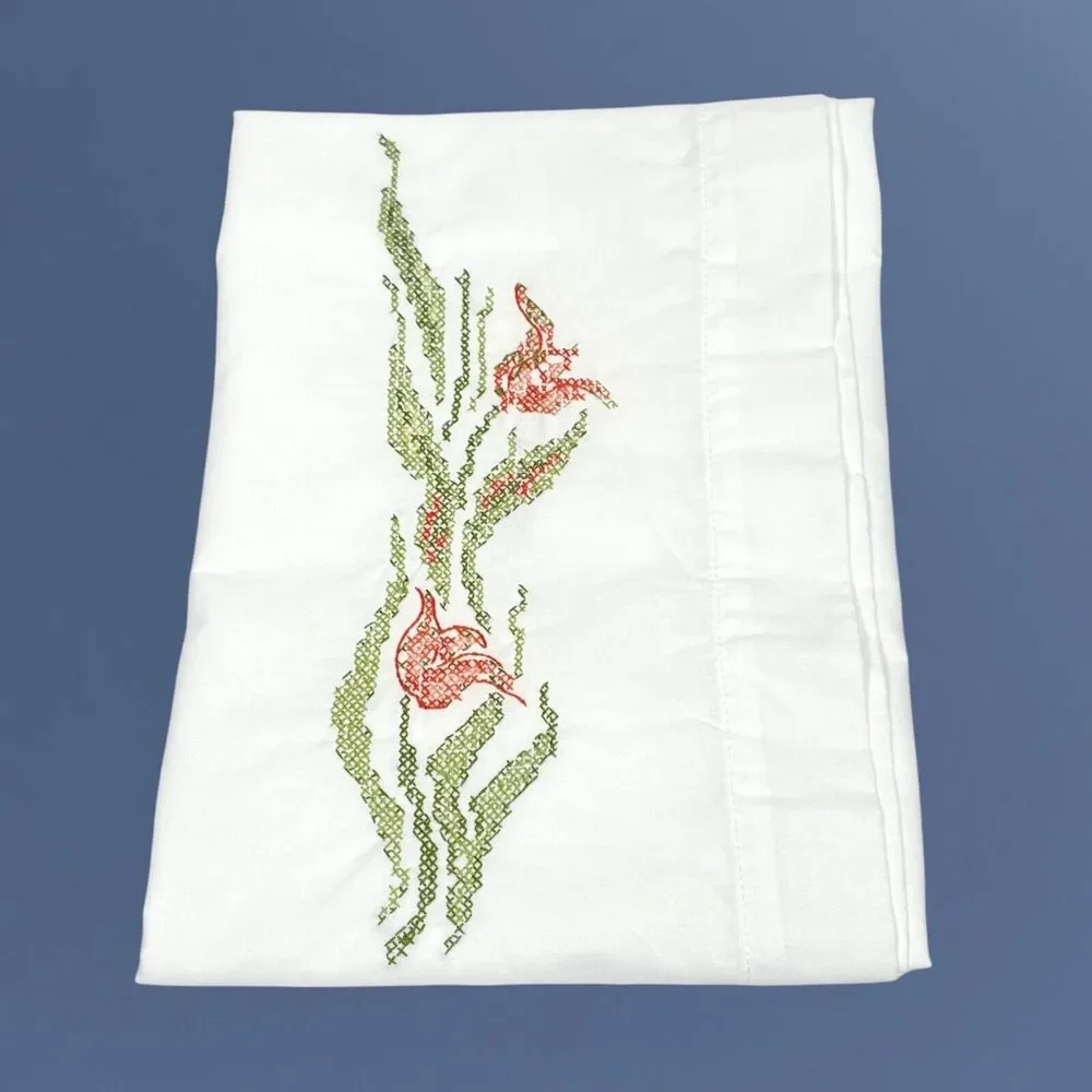 Vtg Bucilla Cross Stitch Pillow Case Flowers Embroidered Floral Pillowcase Cover